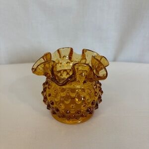 Vintage Fenton Glass Amber Hobnail Ruffled Crimped Edge Vase Rose Bowl Votive